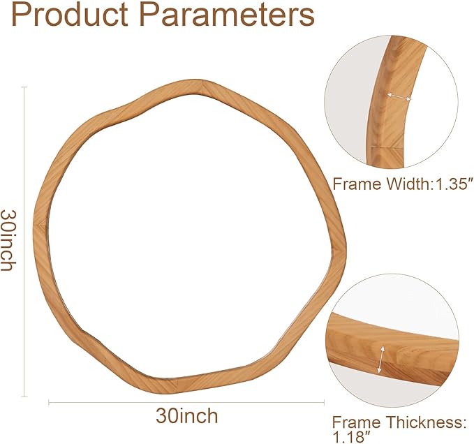 ULIKE Round Wood Mirror, 30 Inch Asymmetrical Circle Vanity Mirror - Image 7