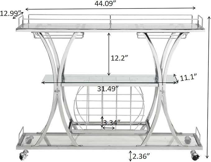 Silver Bar Carts with Glass Holders & Wine Rack, 3 Tier Home Bar Serving Carts - Image 4