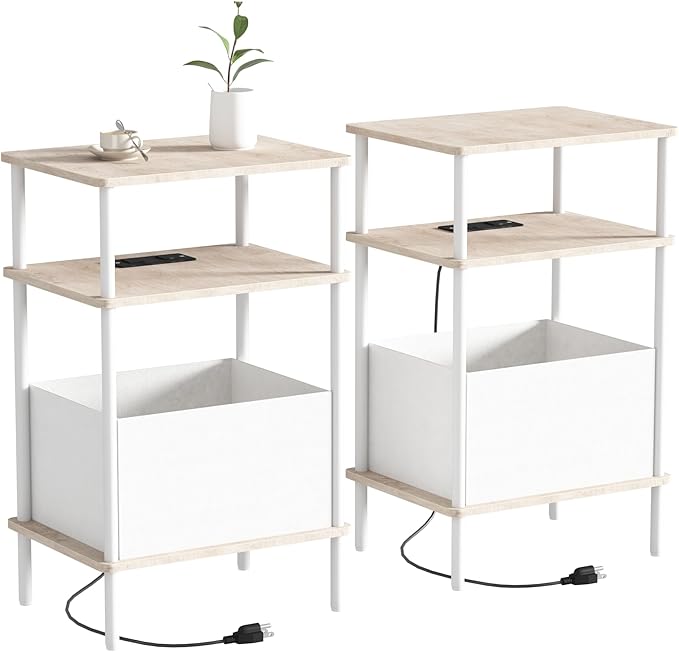 Small Side Table with Charging Station, Slim Nightstand with Outlet, Sofa by Unknown