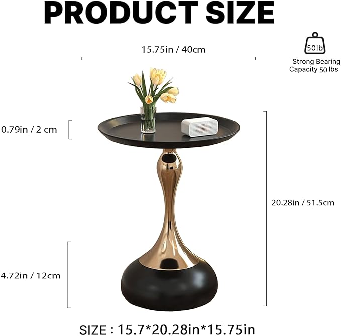 Modern Round Side Table with Gold Pedestal Base, Accent End Table - Image 2