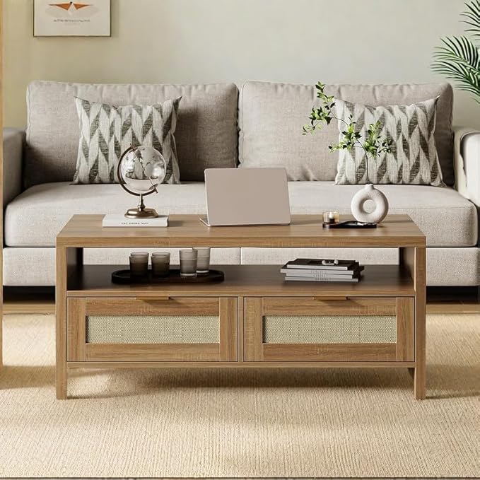 2 Tiers Boho Coffee Table with Storage, 40” Mid Century Rattan Console Table - Image 4