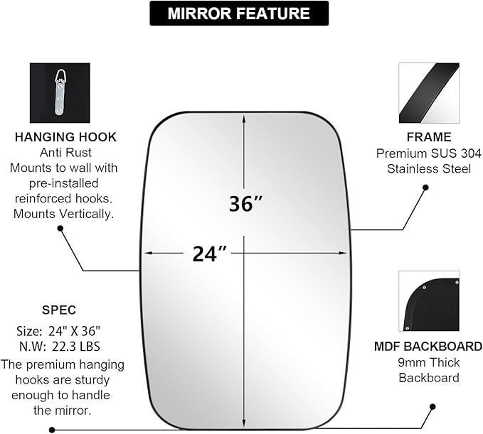 ANDY STAR Black Oval Mirrors for Bathroom, Large 24x36’’ Matte Black Metal - Image 2