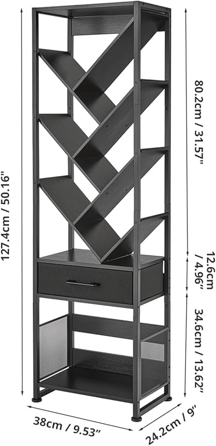 Bookshelf with Drawer, 10 Tier Tree Bookcase Retro Floor Standing Bookshelves - Image 2