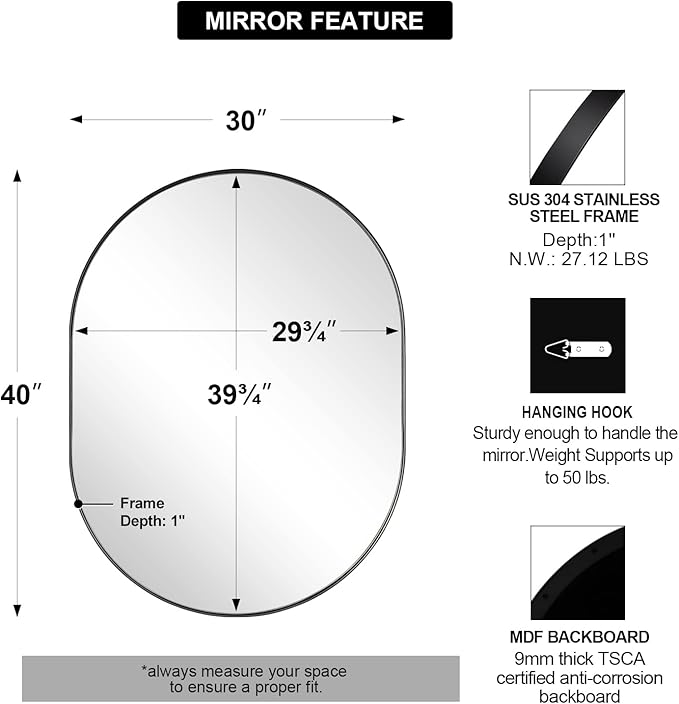 ANDY STAR Large Oval Black Bathroom Vanity Mirror, 30x40 Inch, Stainless Steel - Image 2