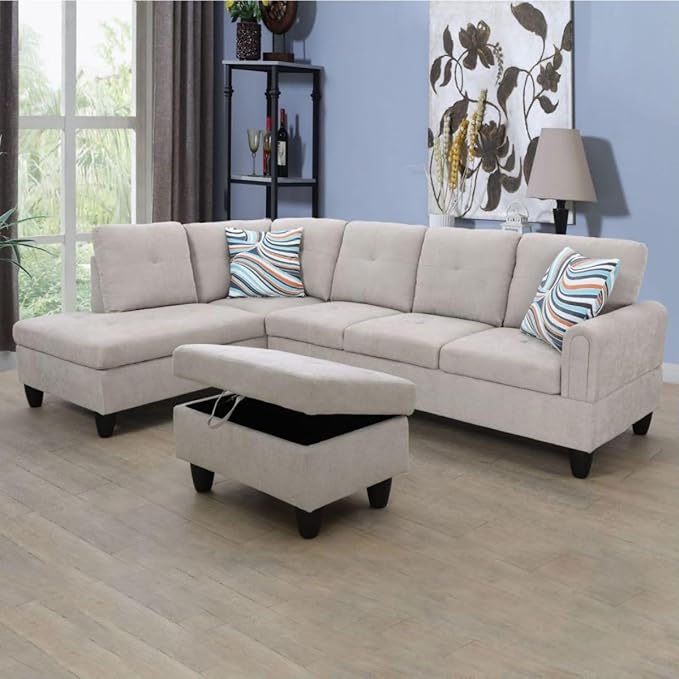 Grey White L-Shaped 3-Piece Flannel Sofa - Image 3