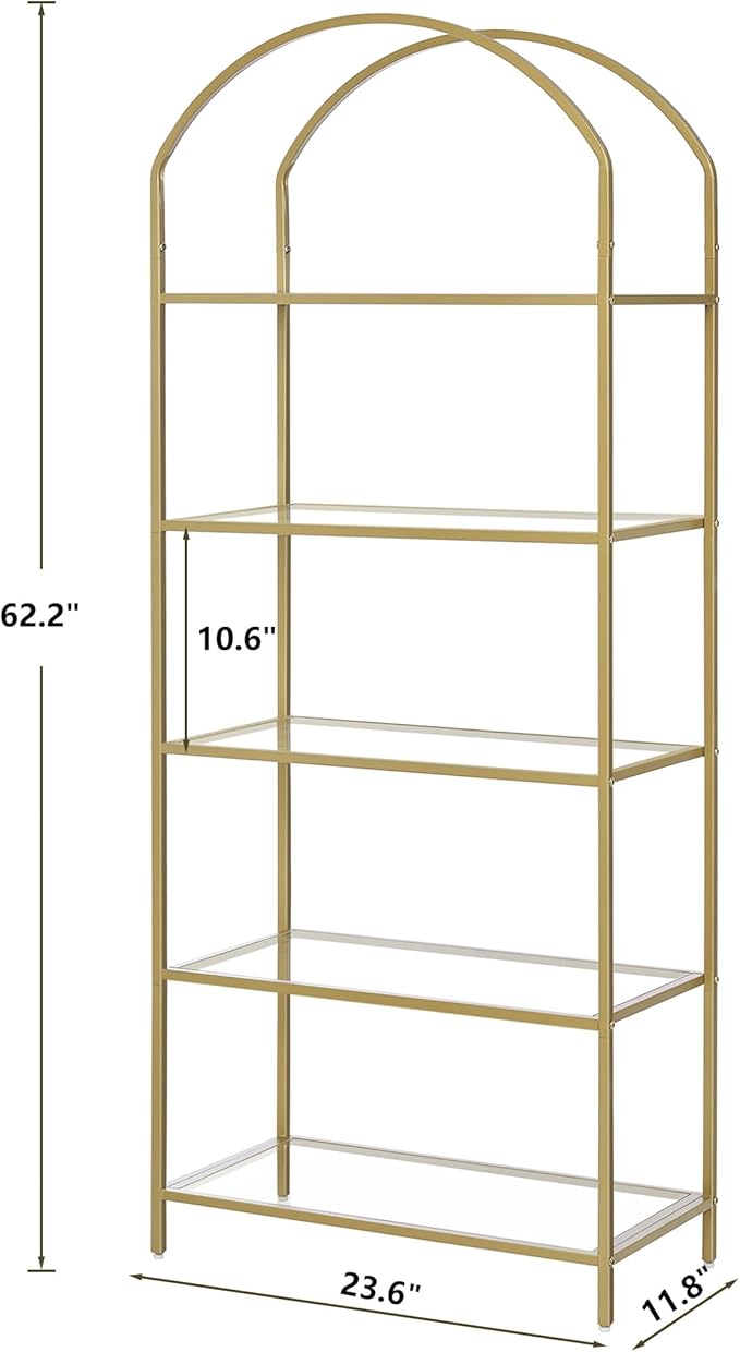 Homhedy Bookshelf Arched Display Racks, Metal Bookcase, Tempered Glass Shelves - Image 2