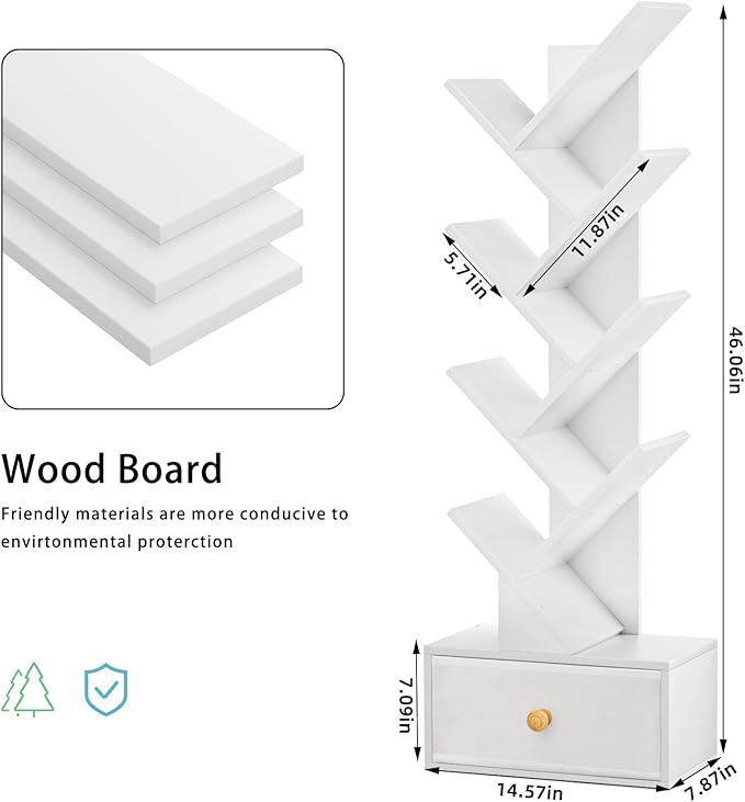 8 Tier Tree Bookshelf with Drawer, Free Standing Wood Bookcase - Image 3