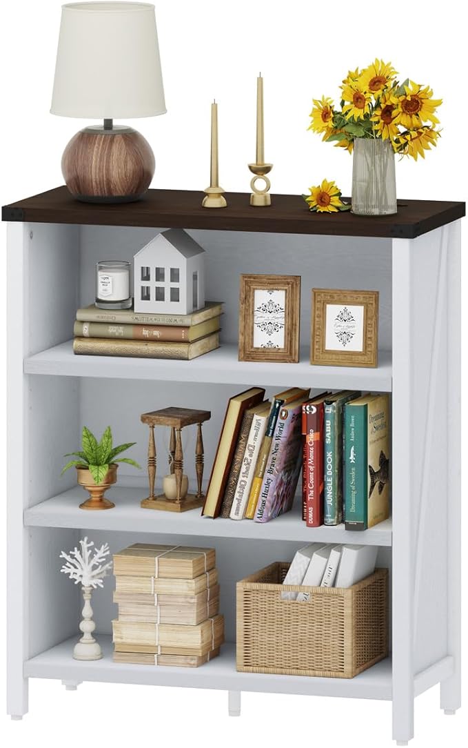 BON AUGURE Small Bookshelf for Small Space, 3 Tier Bookcase, Farmhouse Wood Low - Image 7