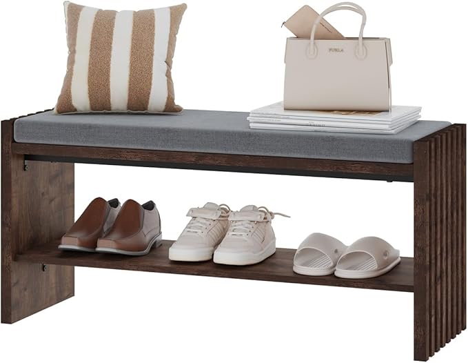BON AUGURE Entryway Bench with Shoe Storage, 2-Tier Shoe Rack Bench with Cushion - Image 9