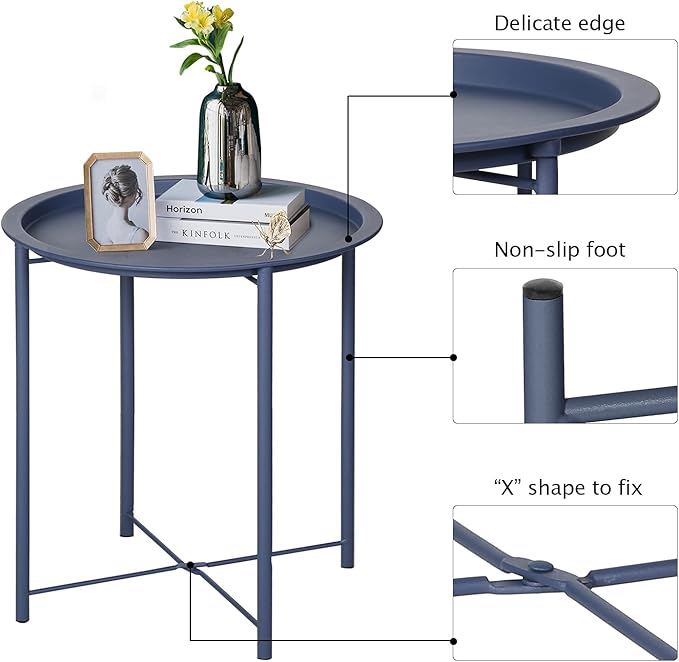 VECELO Side/End Table, Folding Round Metal Anti-Rust and Waterproof Outdoor or - Image 7