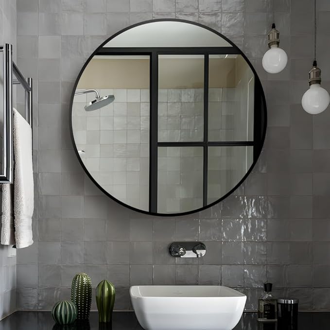 34inch Bathroom Round Mirror, Wall Mounted Vanity Mirror, Steel Frame, Steel - Image 2