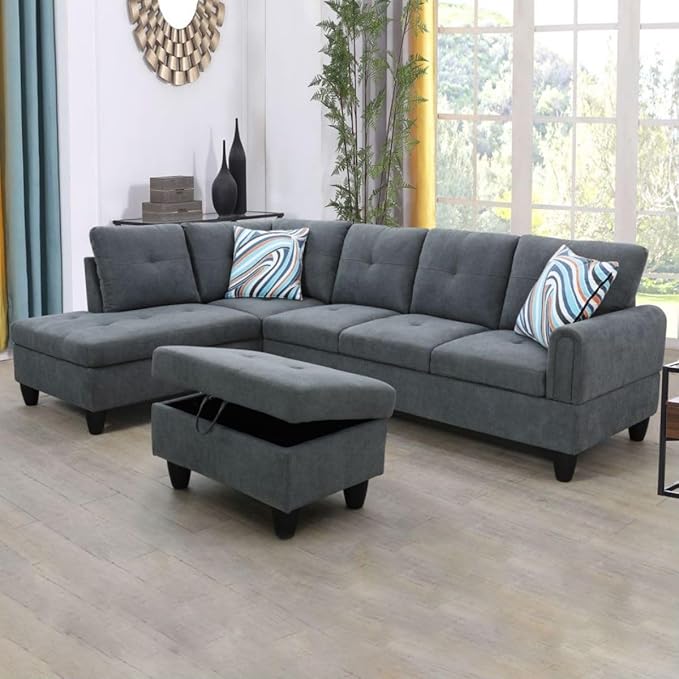 Dark Grey L-Shaped 3-Piece Flannel Sofa by Unknown