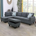 Dark Grey L-Shaped 3-Piece Flannel Sofa by Unknown