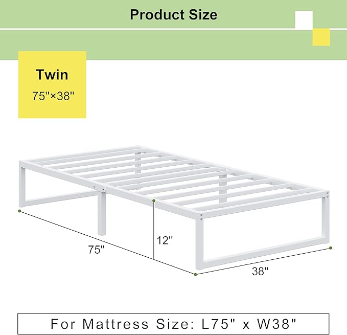 EMODA 12 Inch Twin Bed Frames, Metal Platform White Bed Frame Twin No Box - Image 2