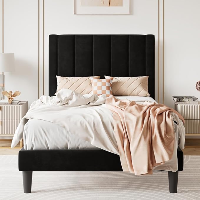 SHA CERLIN Twin Bed Frame/Velvet Upholstered Platform Bed Frame by SHACERLIN