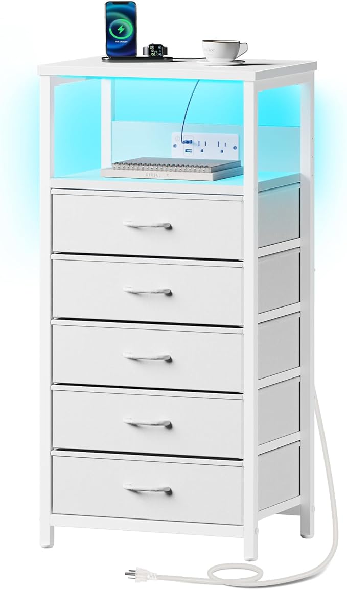 Seventable Night Stand with Charging Station, Tall Nightstand with 5 Fabric by Seventable