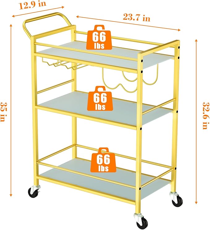 Gold Bar Cart, Serving Cart for Home, Rolling Beverage Cart - Image 6