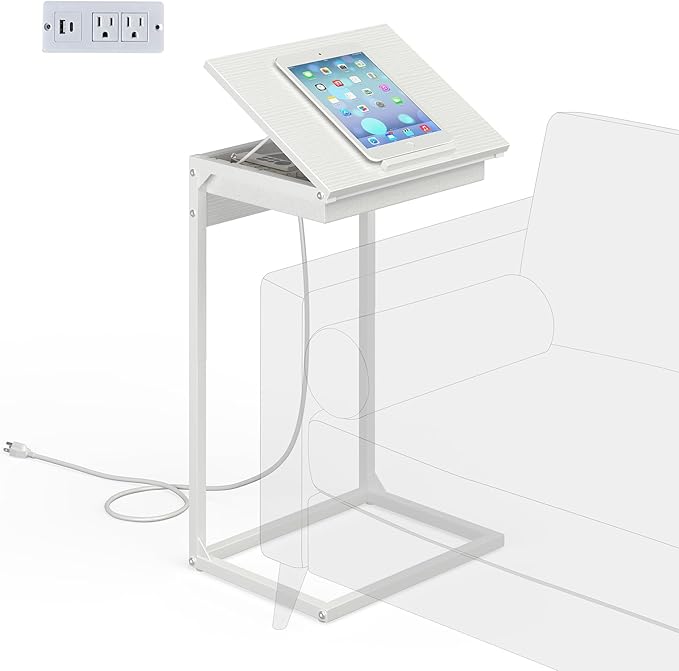 C Shaped End Table with Charging Station, 45° Tiltable Adjustable Flip Top Side by Unknown