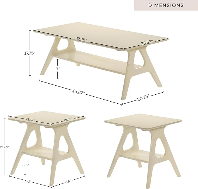 Roundhill Furniture Arona 3-Piece Coffee Table Set, Coffee Table and Two End - Image 2