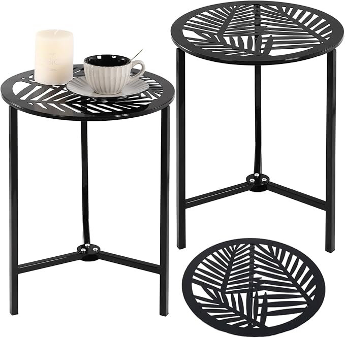 2 Packs 13" Metal Outdoor Side Tables Small Black Outside End Table by Party+Zealot