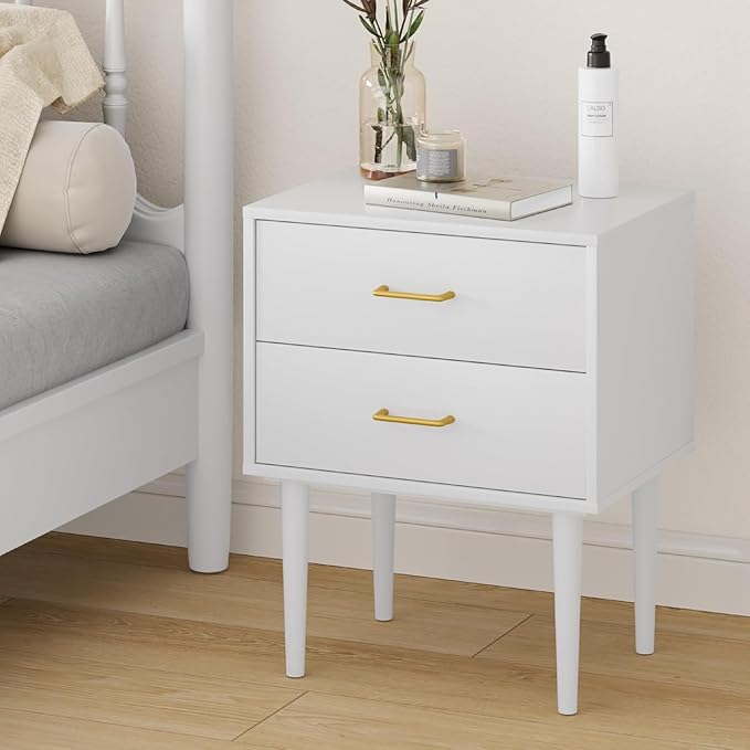 Set of 2 White Nightstand with 2 Drawers, Tall Night Stand with Gold Handles - Image 7