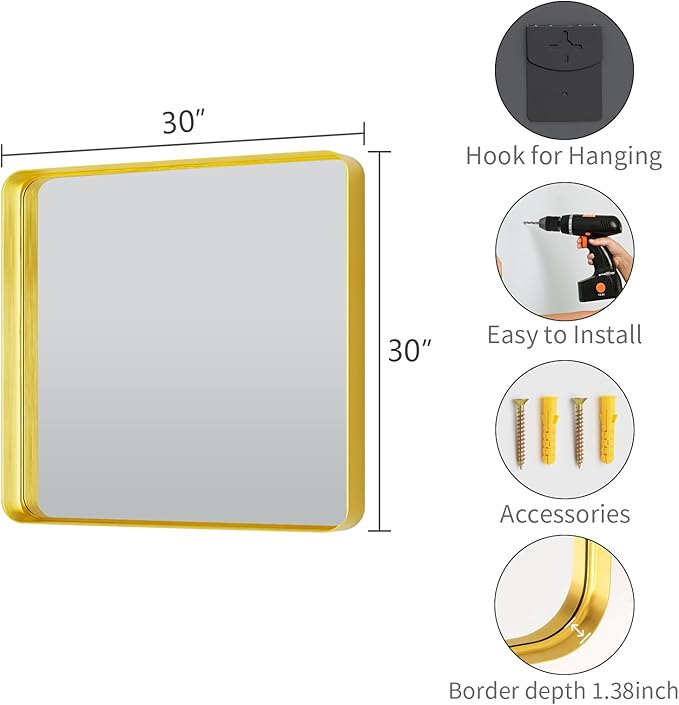 Koonmi Gold Wall Mirror for Bathroom, 30x30 Inch Matte Deep Framed Rounded - Image 4