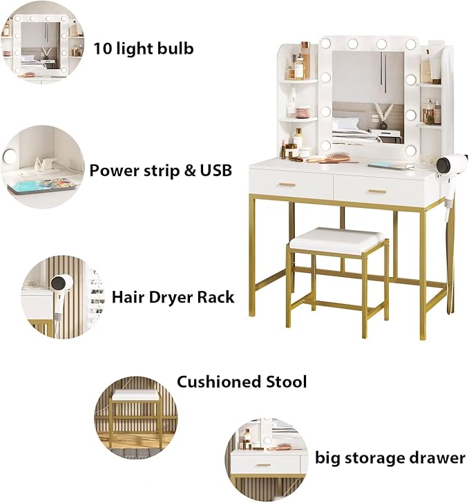 Vabches Vanity Desk with Mirror and Lights, with Charging Station, Makeup - Image 6