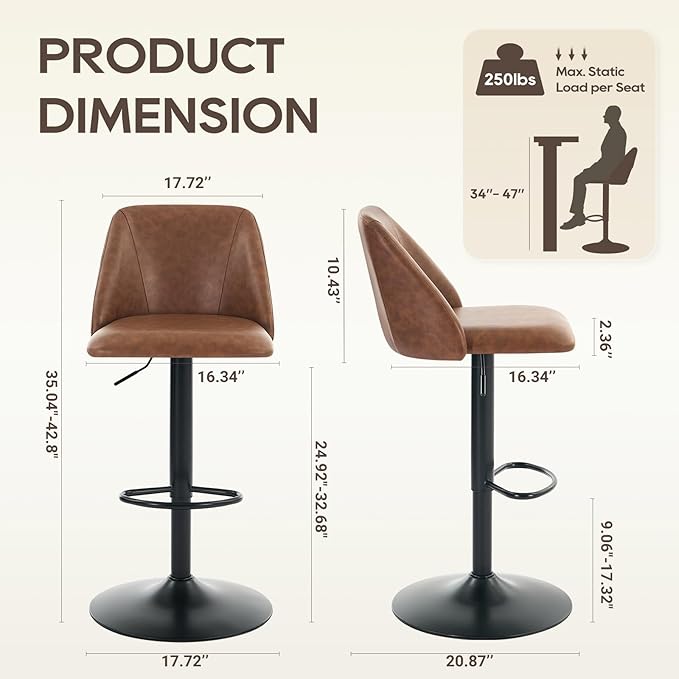 COLAMY Bar Stools Set of 2, Modern Swivel Bar Chairs, Adjustable PU Leather - Image 2