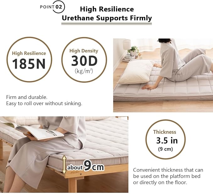 EMOOR Japanese Padded Futon Mattress Machi Twin Gray, Gusset Foldable Storable - Image 5