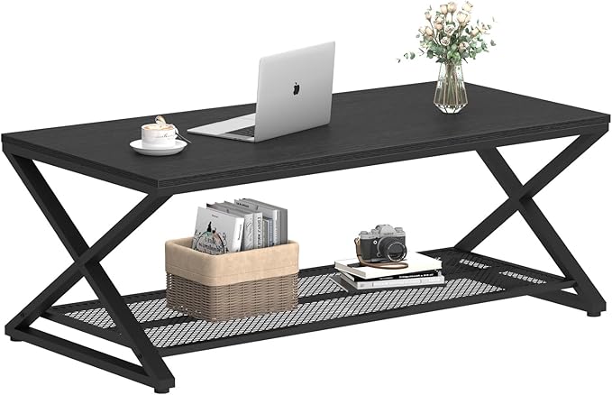 LVB Black Coffee Table, Wood Metal 2 Tier Center Tables - Image 9