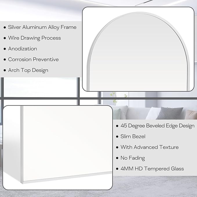 30" x 48" Silver Arched Mirror, Arch Wall Mirror, Metal Frame Black Bathroom - Image 2