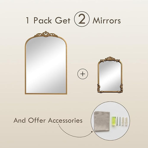 1 Set Vintage Mirror 20x30 Gold Antique Baroque Arched Ornate Traditional Brass - Image 2
