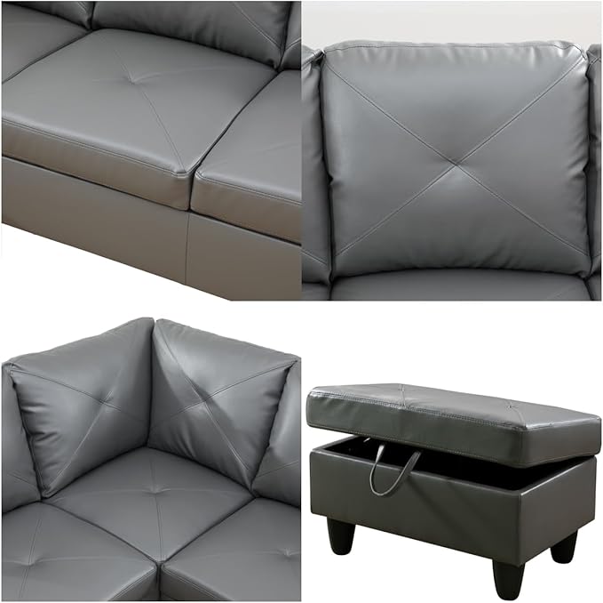 L Shaped Sectional Sofa with Ottoman, Leather Right Facing Modern Couches - Image 4