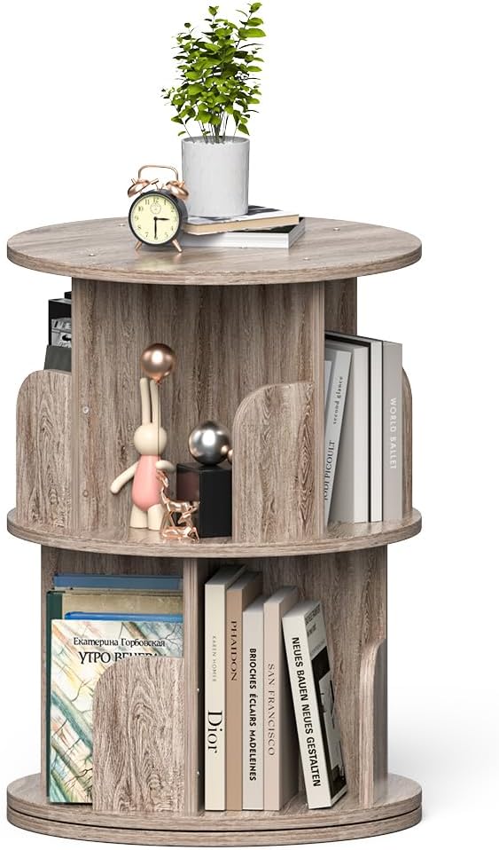 Nidouillet Small Rotating Bookshelf, 2 Tier Revolving Bookcase 360° Display - Image 8