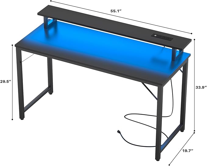 Computer Desk with USB Power Outlets and LED Lights, 55 inch Gaming Desk with - Image 3