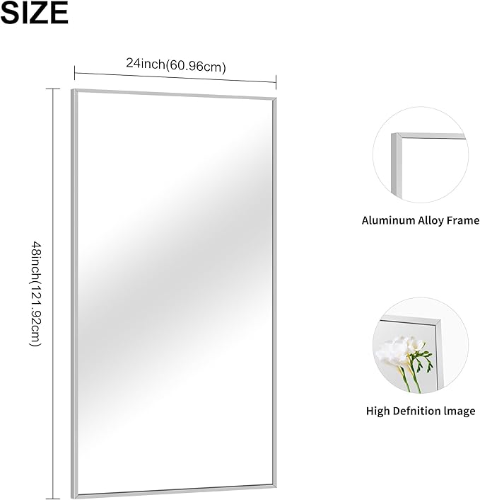 48x24In Silver Bathroom Mirror for Wall, Brushed Nickel Rectangle Mirrors - Image 4