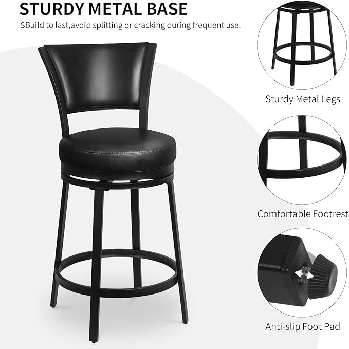 Bar Stools, 25 Inch Metal Counter Height Barstools Set of 2, Faux Leather Round - Image 6