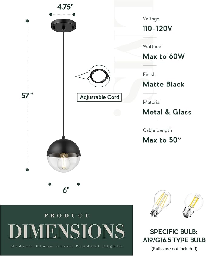 LMS 6-inch Modern Pendant Light, Matte Black Kitchen Pendant Light - Image 2
