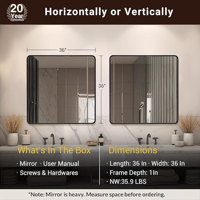ANDY STAR 36X36 Inch Square Black Bathroom Mirror, Matte Black Vanity Mirrors - Image 2