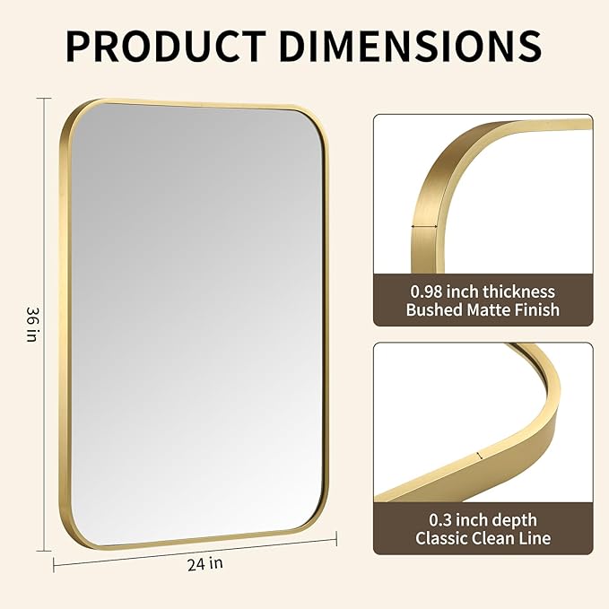 Gold Bathroom Mirror, 24x36 Inch Aluminum Frame Rectangle Mirror, Tempered Glass - Image 5