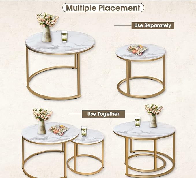 aboxoo Coffee Table Nesting White Set of 2 Side Set Golden Frame Circular Round - Image 4