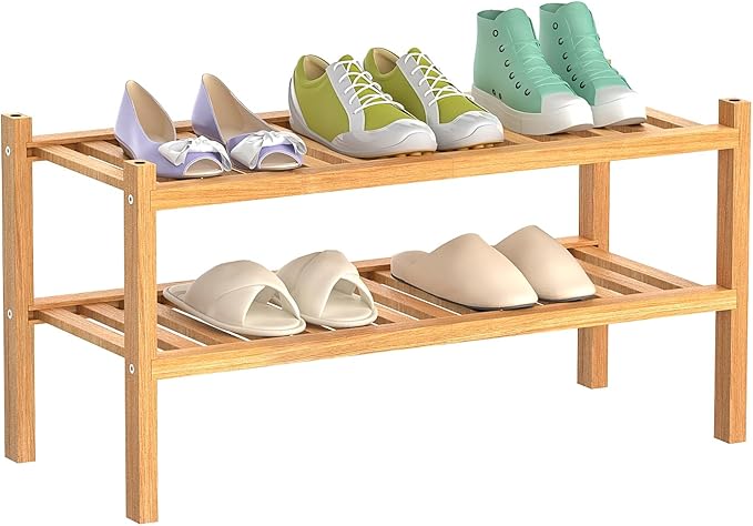 Bamboo Shoe Rack 2-Tier Organizer-Stackable Storage Shelf by Unknown