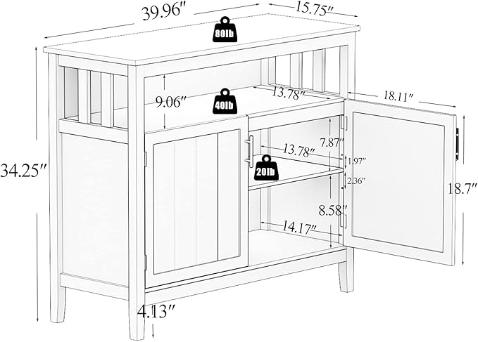 RASOO Buffet Cabinet White Kitchen Sideboard Buffet Storage Server Cupboard - Image 2