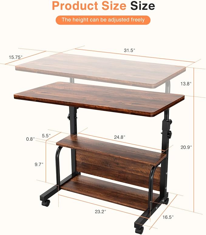 Portable Rolling Desk on Wheels Adjustable Height Desks - Image 3