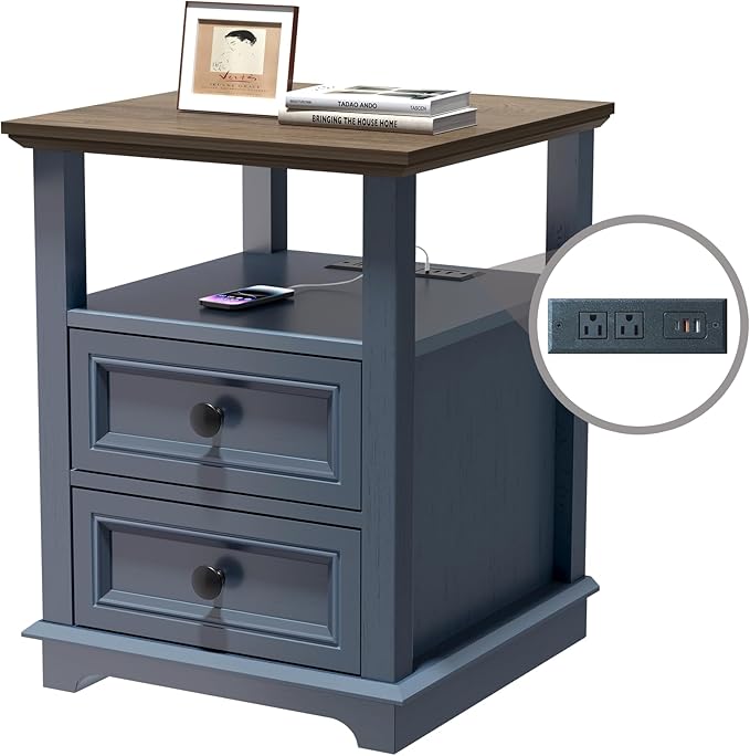 End Table with Fast USB C Charging Station, Large Storage Rustic Wood Square - Image 8