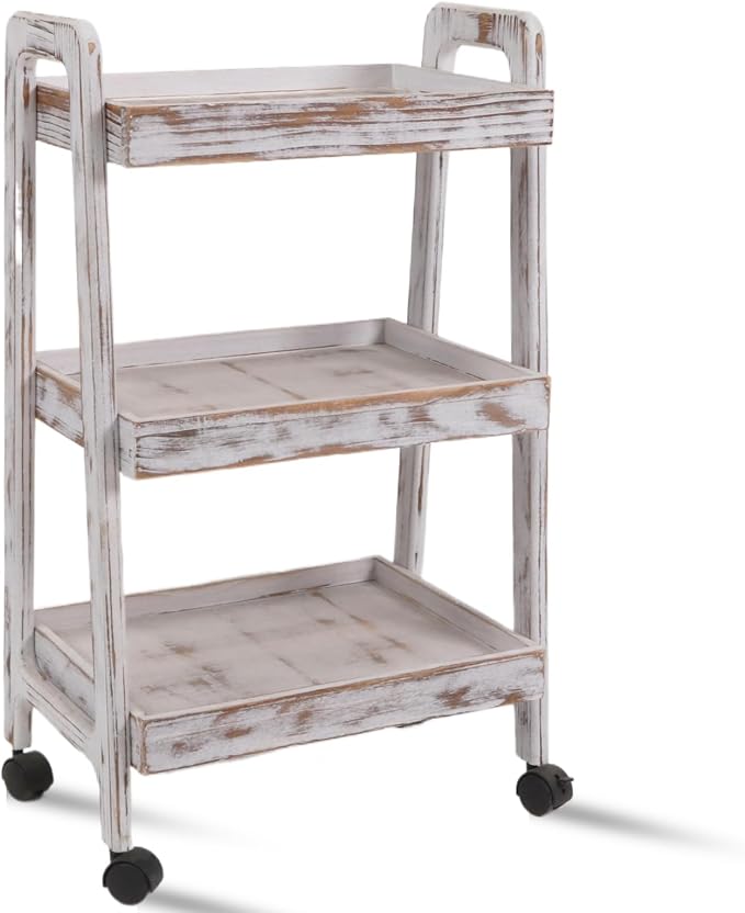 3-Tiers Ladder Shelf with Wheels, Wooden Rolling Cart, Solid Pine Wood Ladder - Image 7