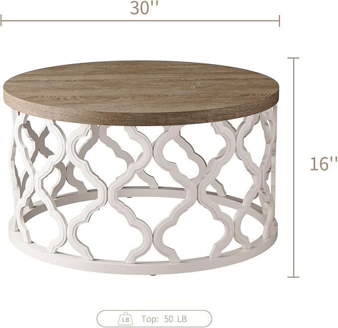 karlott Farmhouse Coffee Table, French Country Round Coffee Table, Coastal - Image 2