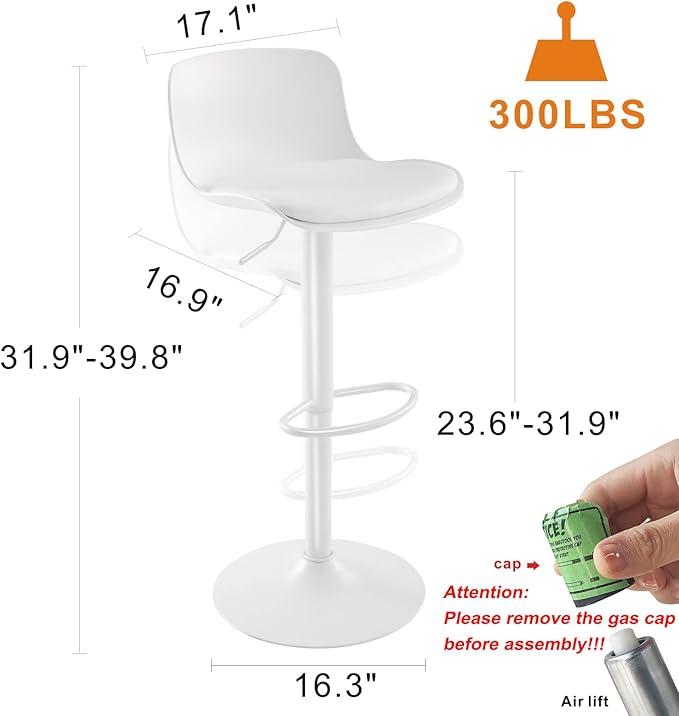YOUTASTE White Bar Stools Set of 2 Adjustable Counter Height Bar Stool PU - Image 2