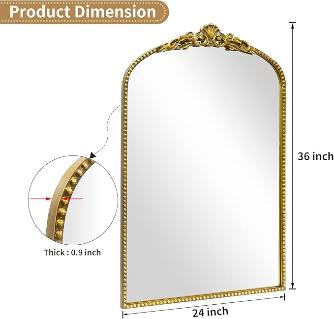 G-LEAF Vintage Baroque Mirror 24"X36", Arched Mantel Victorian Antique - Image 5