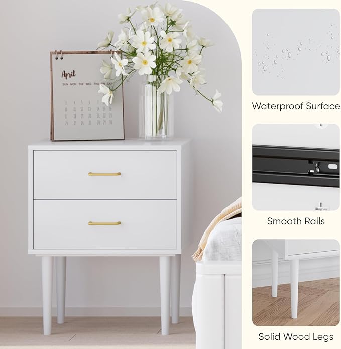 Set of 2 White Nightstand with 2 Drawers, Tall Night Stand with Gold Handles - Image 4